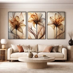 Quadro Decorativo Floral Contemporâneo 3 Telas 50x75 60x90 Para Sala Quarto