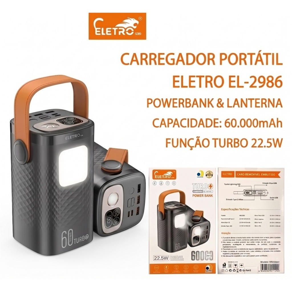 Bateria Carregador Portátil Power Bank 60000mAh 22.5W Turbo Eletro Alta Capacidade USB Carga Rápida