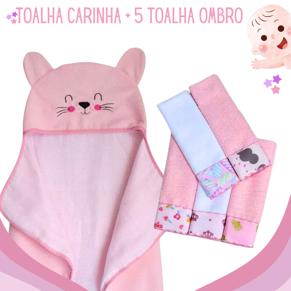 Kit Banho Bebê 6 Peças 1 Toalha Carinha Bordada E 5 Toalhinhas Ombro Overlocadas
