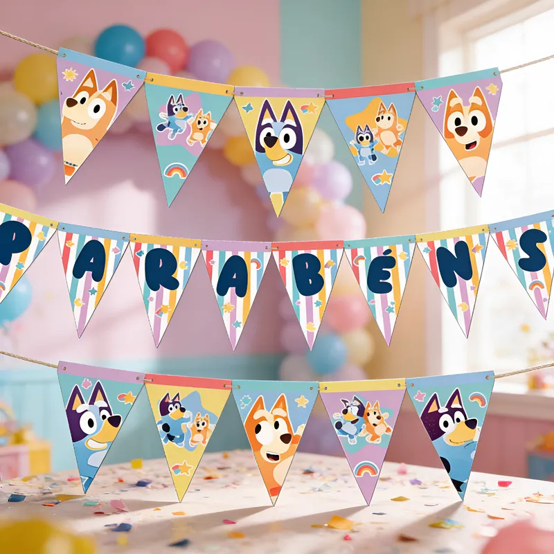 Faixa Decorativa Parabéns com Bandeirinhas | Festa Bluey