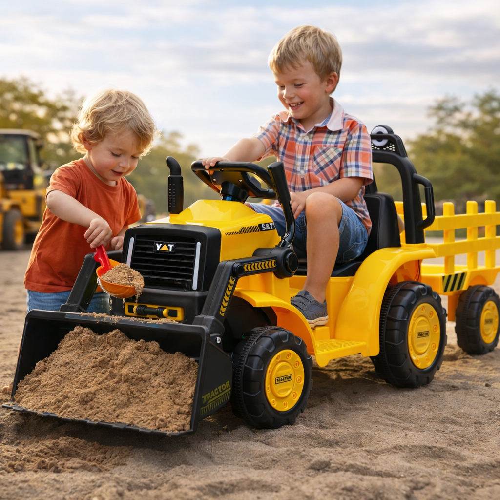 Trator Elétrico Infantil Articulado Com Pá Carreta Som LED Freio 45kg