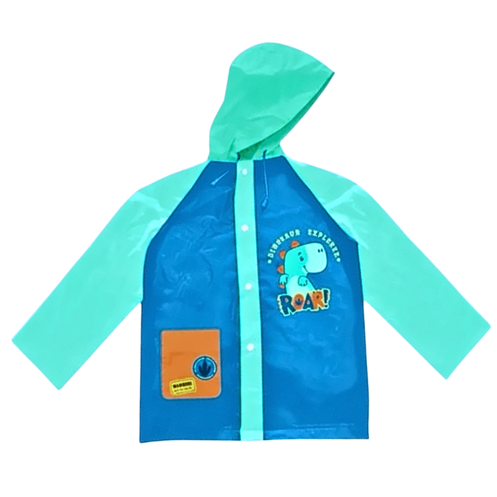 Capa de Chuva Infantil com Capuz Estampada Dinossauro Impermeável Azul e Verde