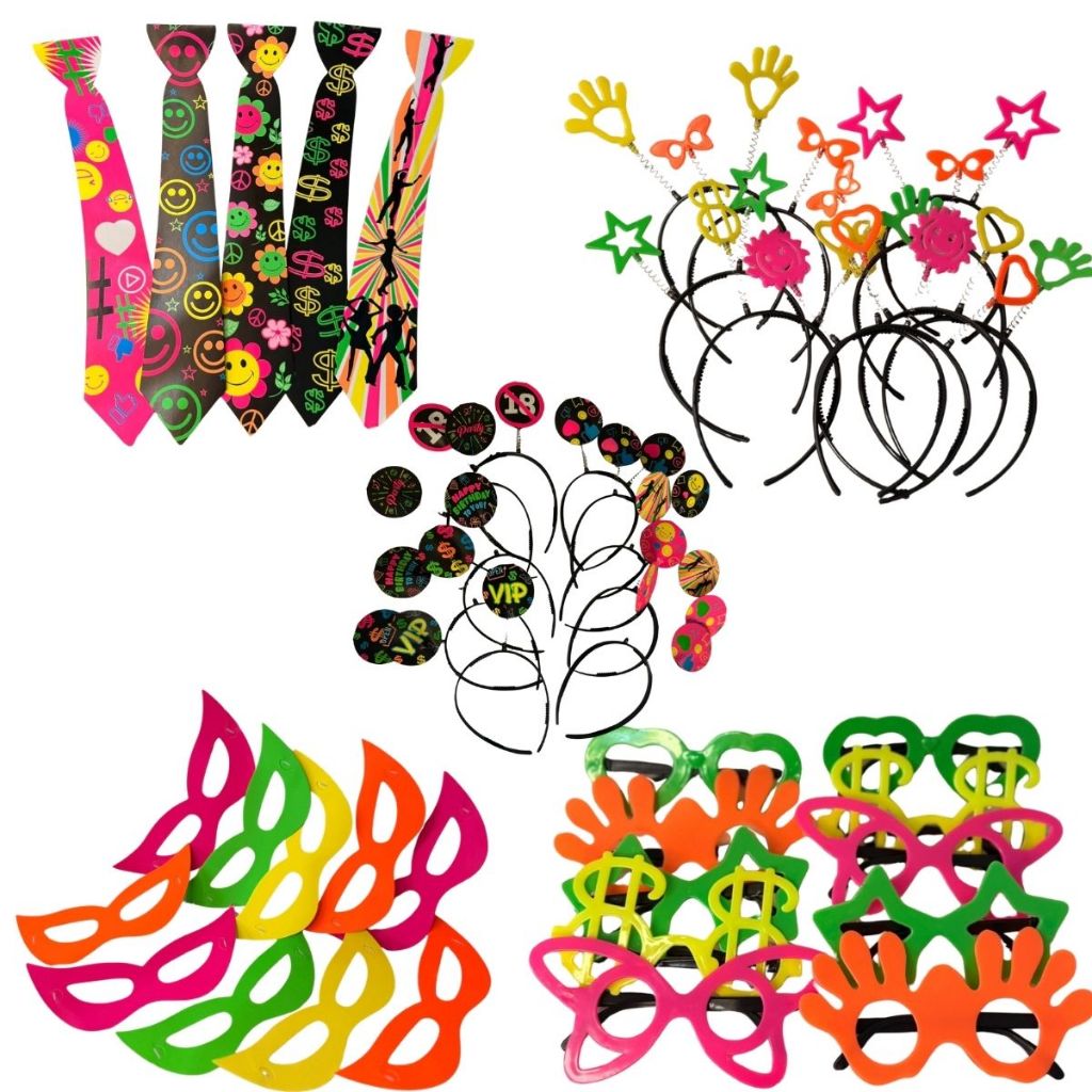 Kit Neon Balada 40 peças Aniversário Festa Óculos Tiara Gravata + Máscara