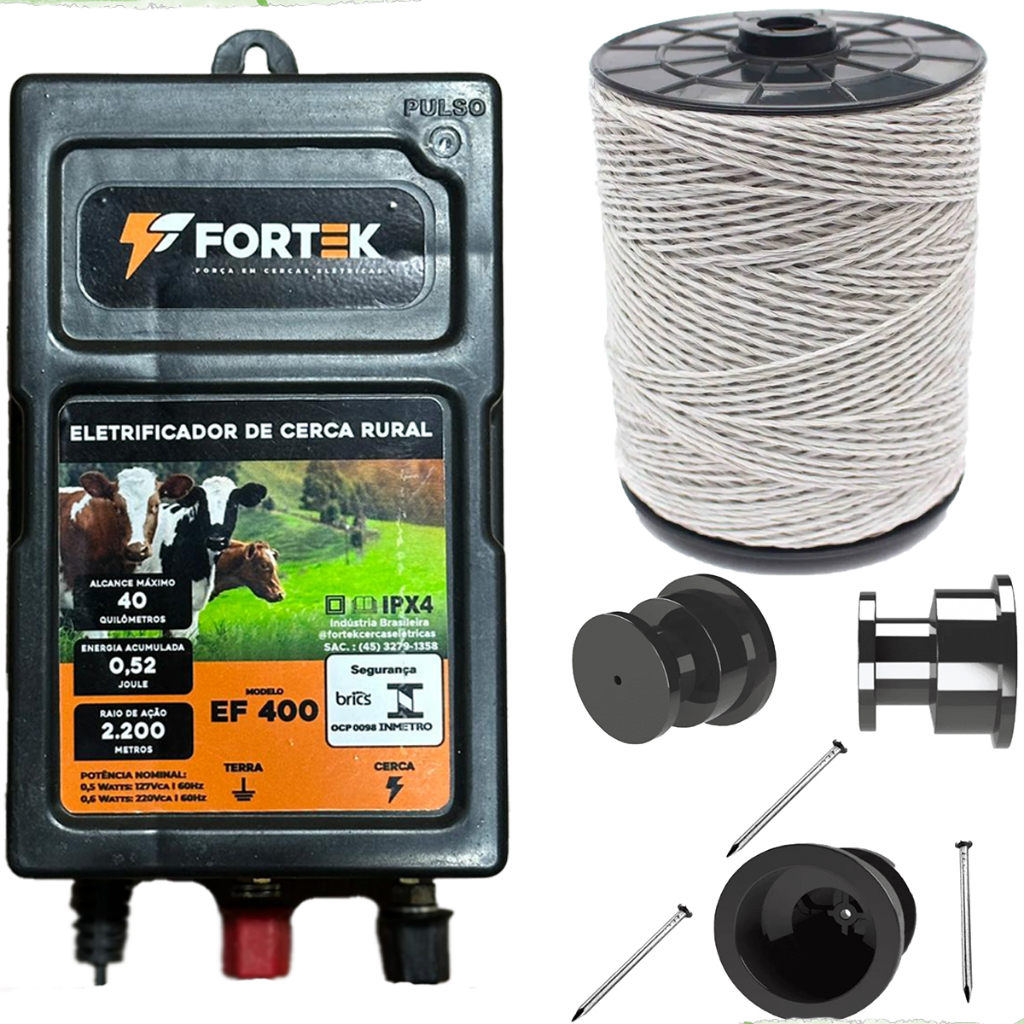 Kit Eletrificador Rural 40 Km Cerca Eletrica Gado Boi + 500m Fio Eletroplástico  50 Isolador Roldana