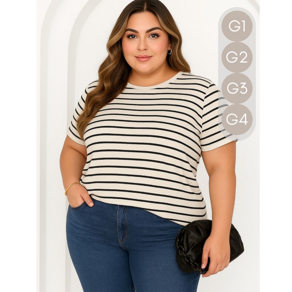 T-Shirt Blusa Camiseta Feminina Plus Size Listrada Preto e Branco Blusinha Manga Curta Dia a Dia