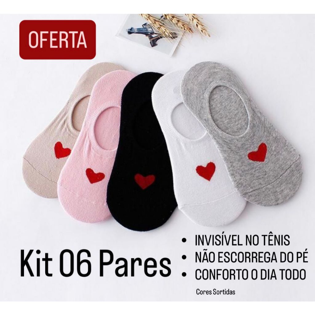 Kit 06 Pares Meia Sapatilha Invisível Feminina – Não Escorrega, Conforto, Cores Sortidas 34-40 em Oferta na Shopee