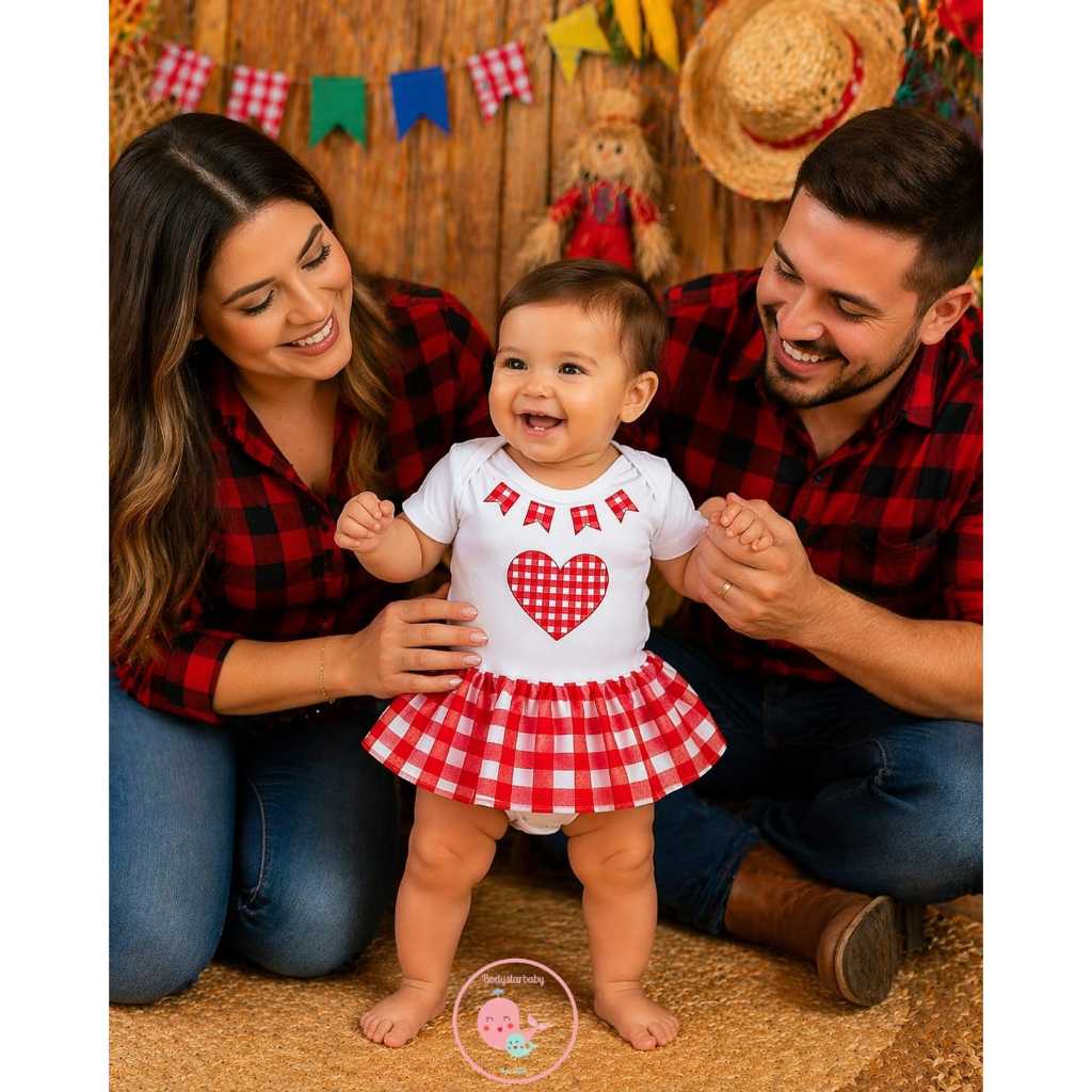Body Bebê Festa Junina Menina Xadrez Saia Embutida Roupa Caipira Arraiá Mesversário Infantil