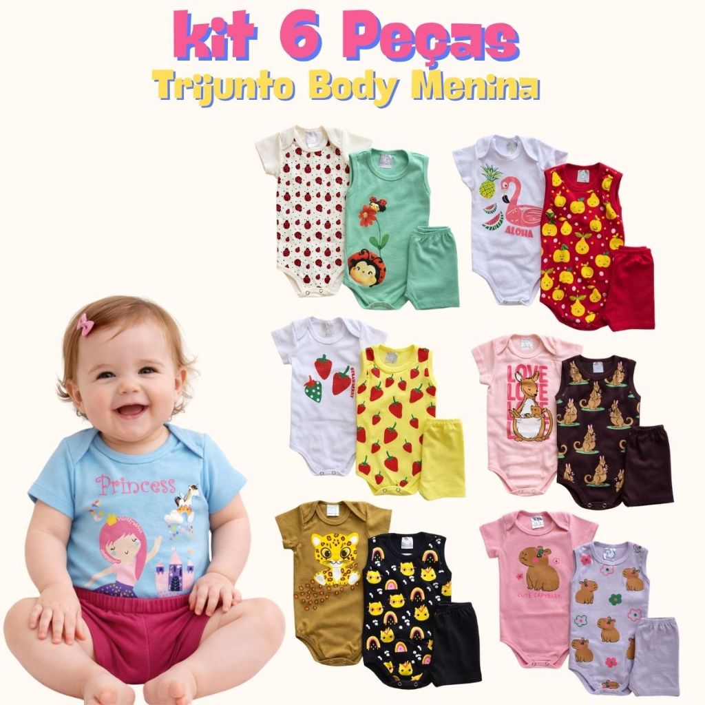 Kit 6 Peças Body Bebê Menina Verão Estampas Divertidas Manga Curta Body Regata e Short Roupa Bebê Verão