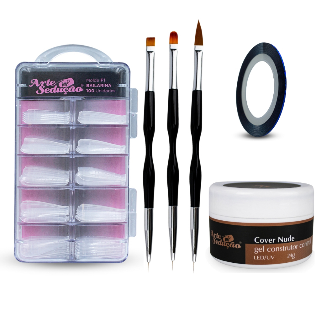 Kit Gel Cover Nude + Pincel +100 Molde f1 Bailarina + Brinde Fitilho Holográfico 1mm Unhas de Gel