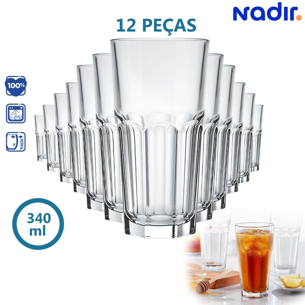 Kit Jogo 12 Copo Bristol Long Drink 340ml Bebidas Drink Vidro Grosso Canelado Resistente Buffet