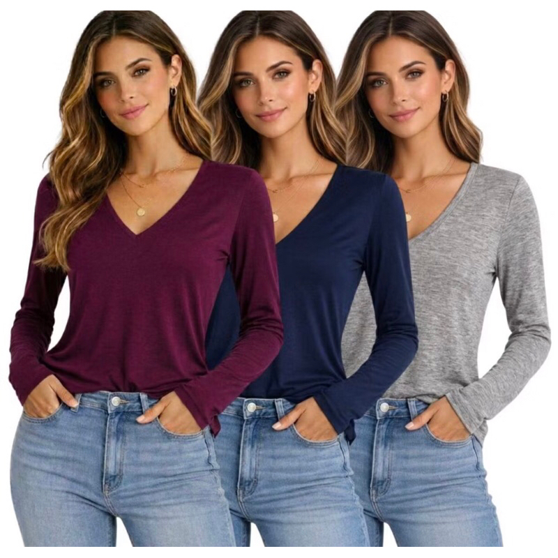 Camisetas Feminina Malha Viscolycra Decote V Manga Longa (3un) Básica,Segunda Pele,Academia,Trabalho,Casual,Caminhada
