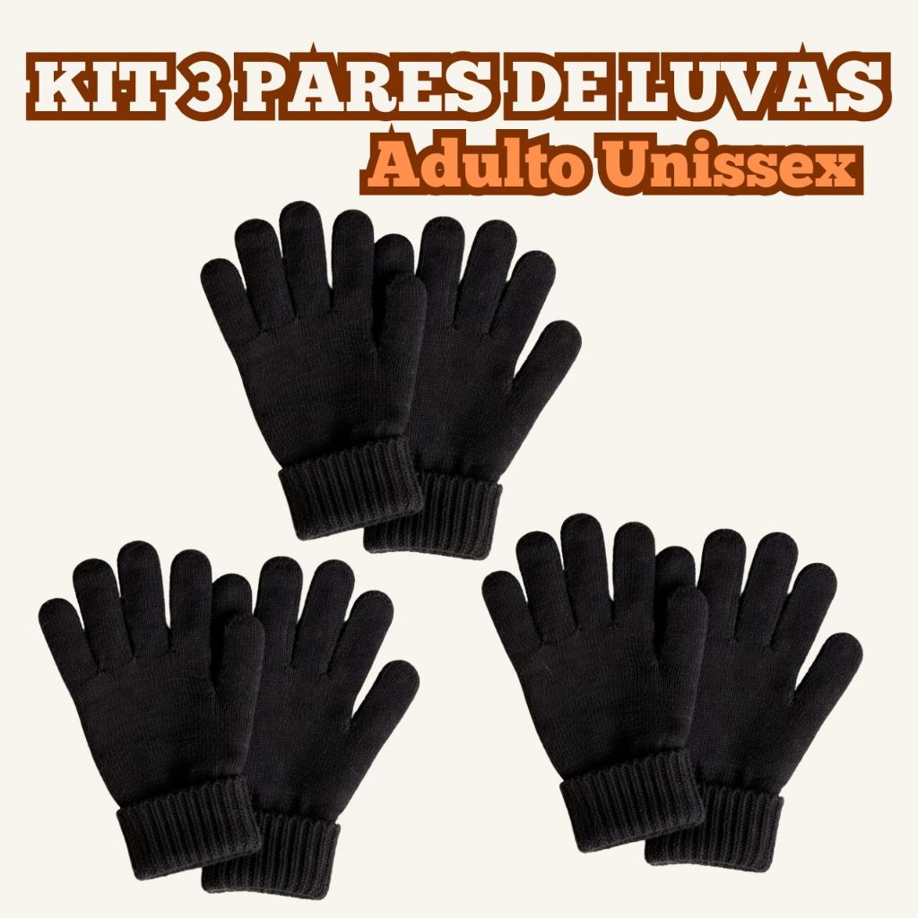 Kit 3 Pares De Luvas Adulto Para Frio Luva De Inverno Lã Unissex Pretas