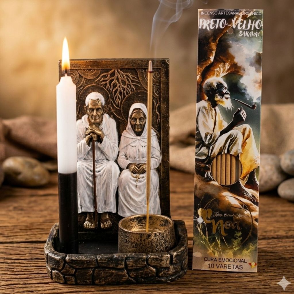 Painel Altar Preto Velho Casal Resina 17cm Porta Vela Incenso Umbanda Decoração Espiritual