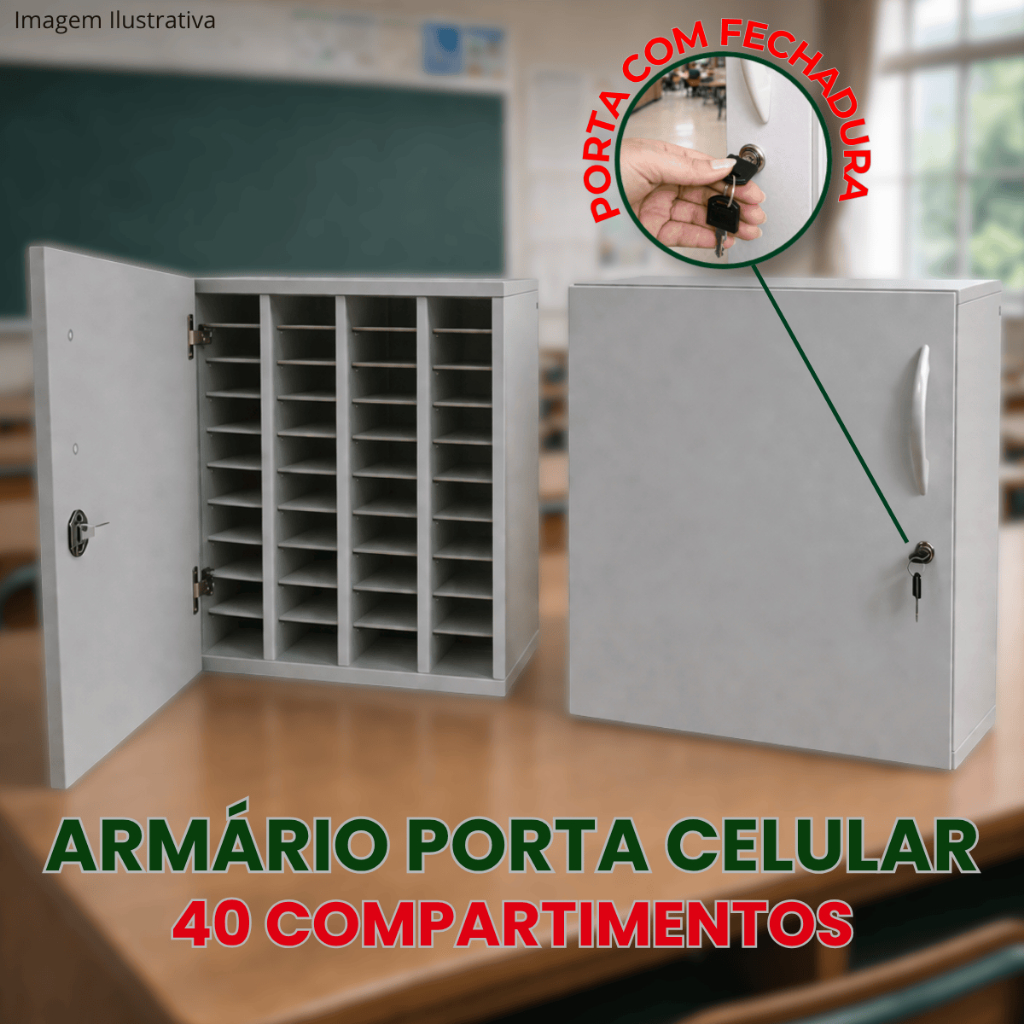 Armário Rack 40 Nichos Porta Celular Com Fechadura Chave Lei 4932/24 Escolas Empresas Academias