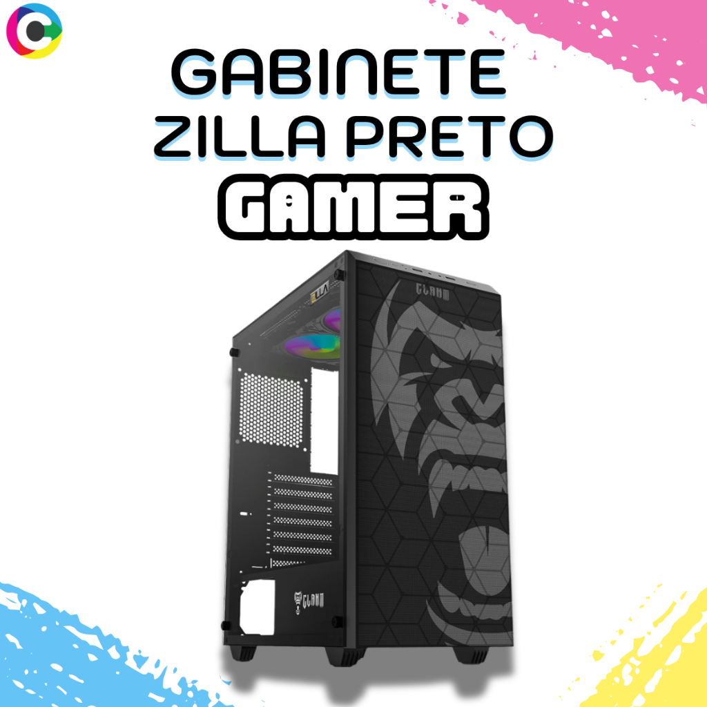 Gabinete Gamer Zilla Preto ATX miniATX mATX 7 Slots 6 Fans Water Cooler Aço SPCC e Vidro Temperado
