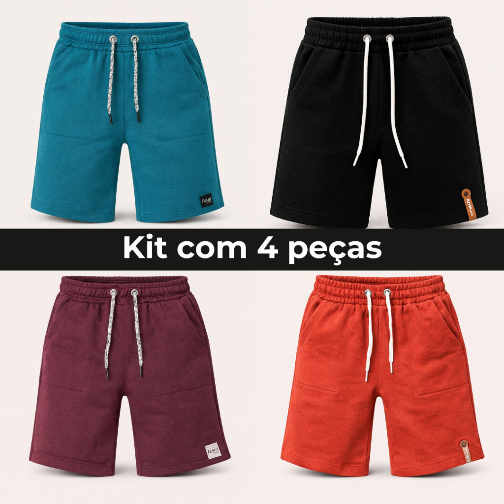 Kit 4 Bermudas Infantil Moletom no Algodão para Meninos de 2 4 6 8 anos Confortável para Escola Dia a Dia Passeio