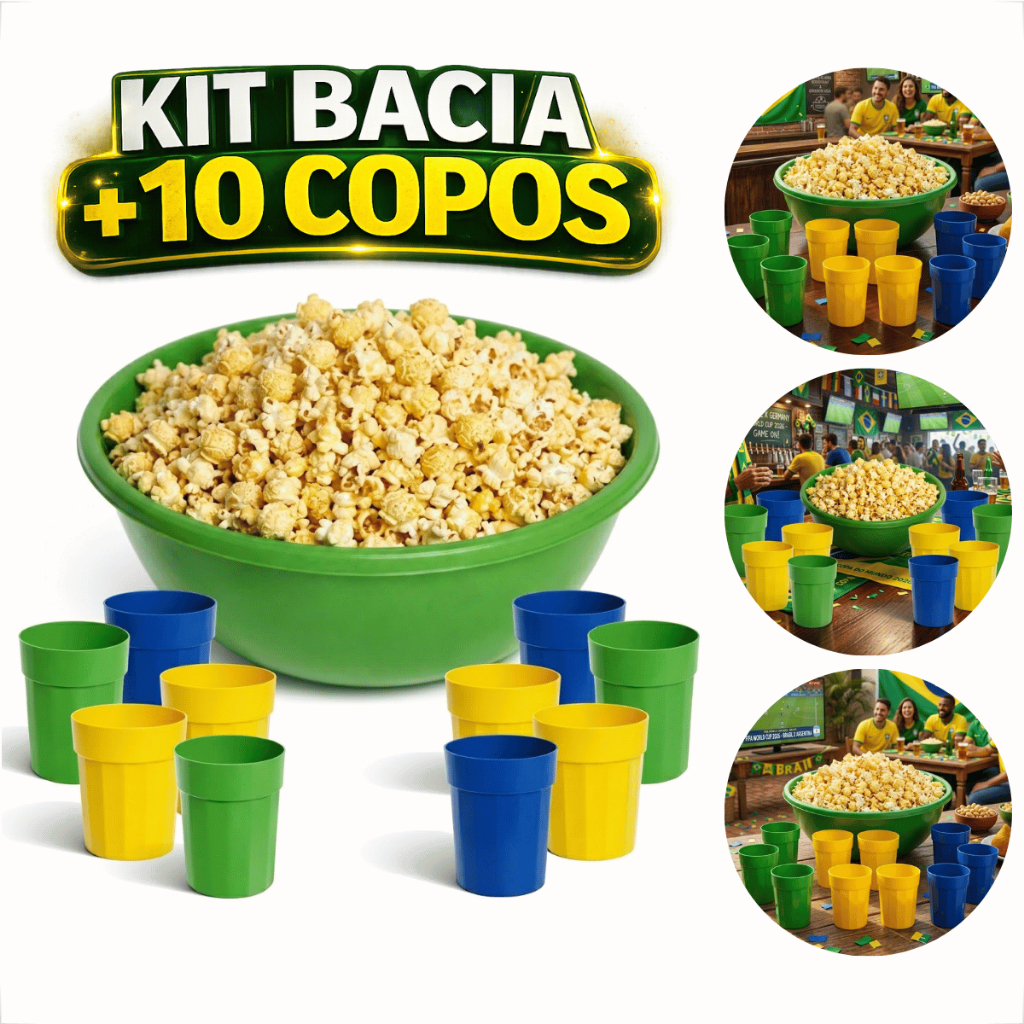 Kit Copa Do Mundo Bacia Pipoca 4.6L + 10 Copos 350ml Reutilizável Combo Torcedor Seleção Brasileira