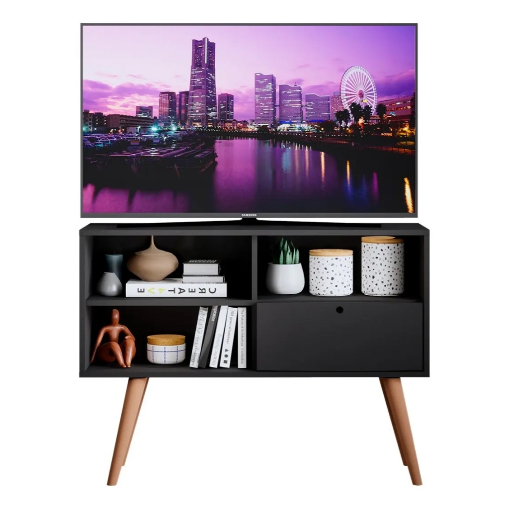 Estante Rack Para Tv Ate 50' Sala De Estar Pés Retrô Cor Preto Bonatto