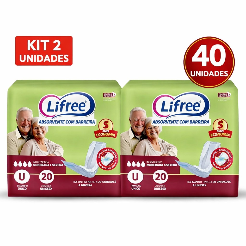 Kit 2 Absorvente Lifree Incontinência com Barreira 40 Unidades Proteção Anti Vazamento Unissex
