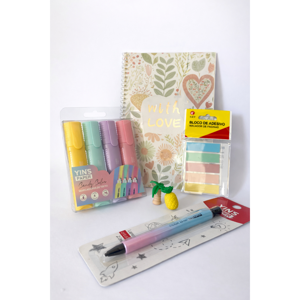 Kit presenteável papelaria candy colors | caderno floral | marca texto pastel | papelaria fofa kawaii | envio imediato