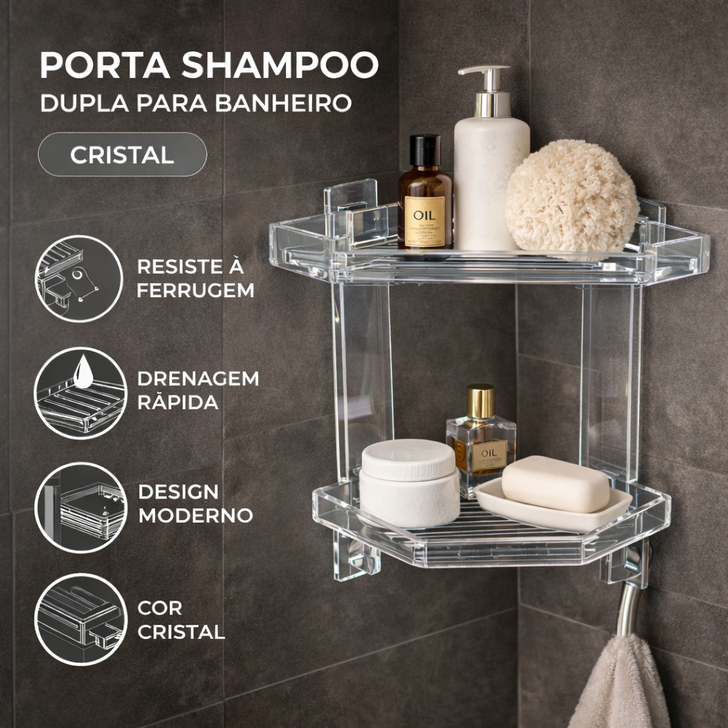 Porta Shampoo Canto Banheiro Kit Suporte Parede Prateleira Box Organizador Sabonete Duplo