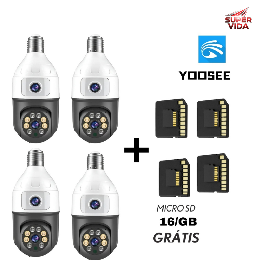 Kit 4 Câmera Segurança Wifi Dupla Lentes Yoose Lâmpada Noturna + 4 Cartão MicroSD 16GB