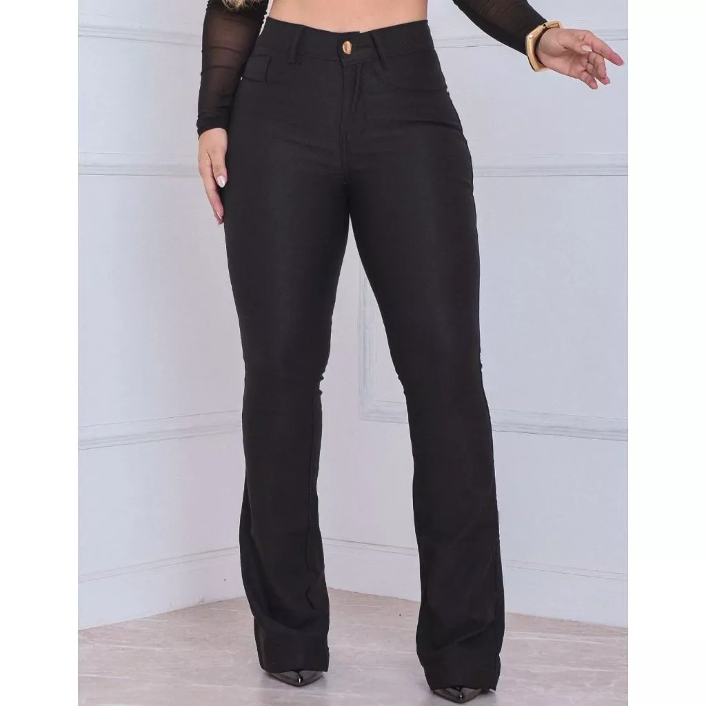 Calça Flare Feminina Jeans Modeladora Cintura Alta Empina Bumbum com Lycra Boca de Sino — imagem 1