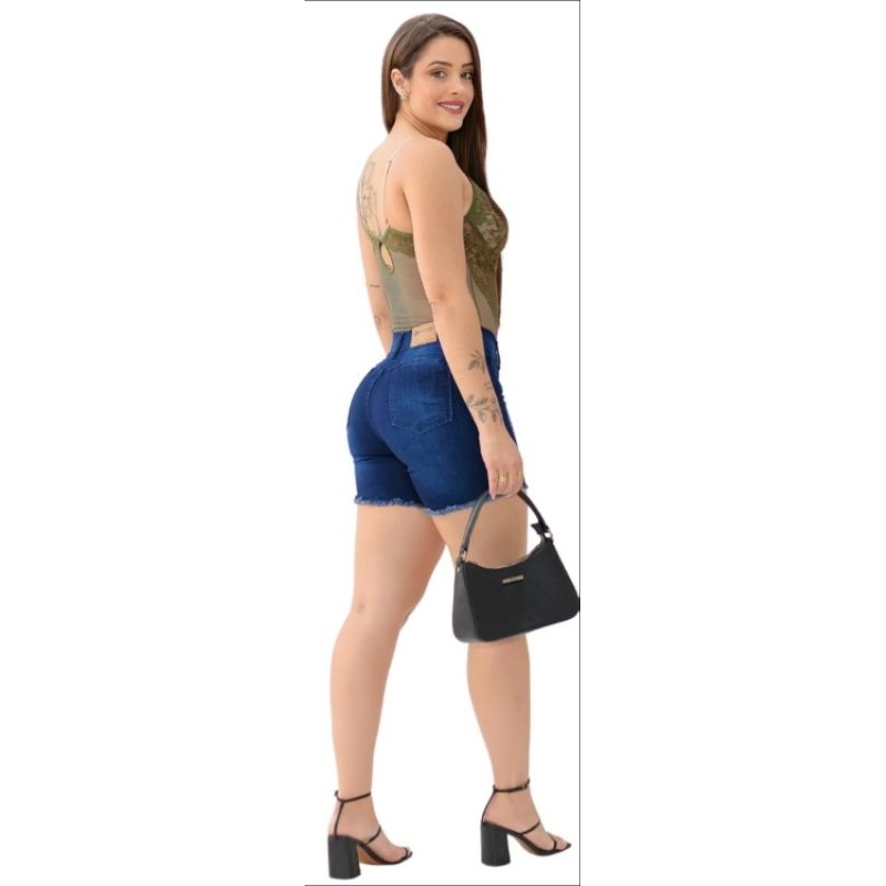 Kit 2 Shorts Jeans Meia Coxa Cintura Alta Barra Desfiada Com Elastano — imagem 2 de 2