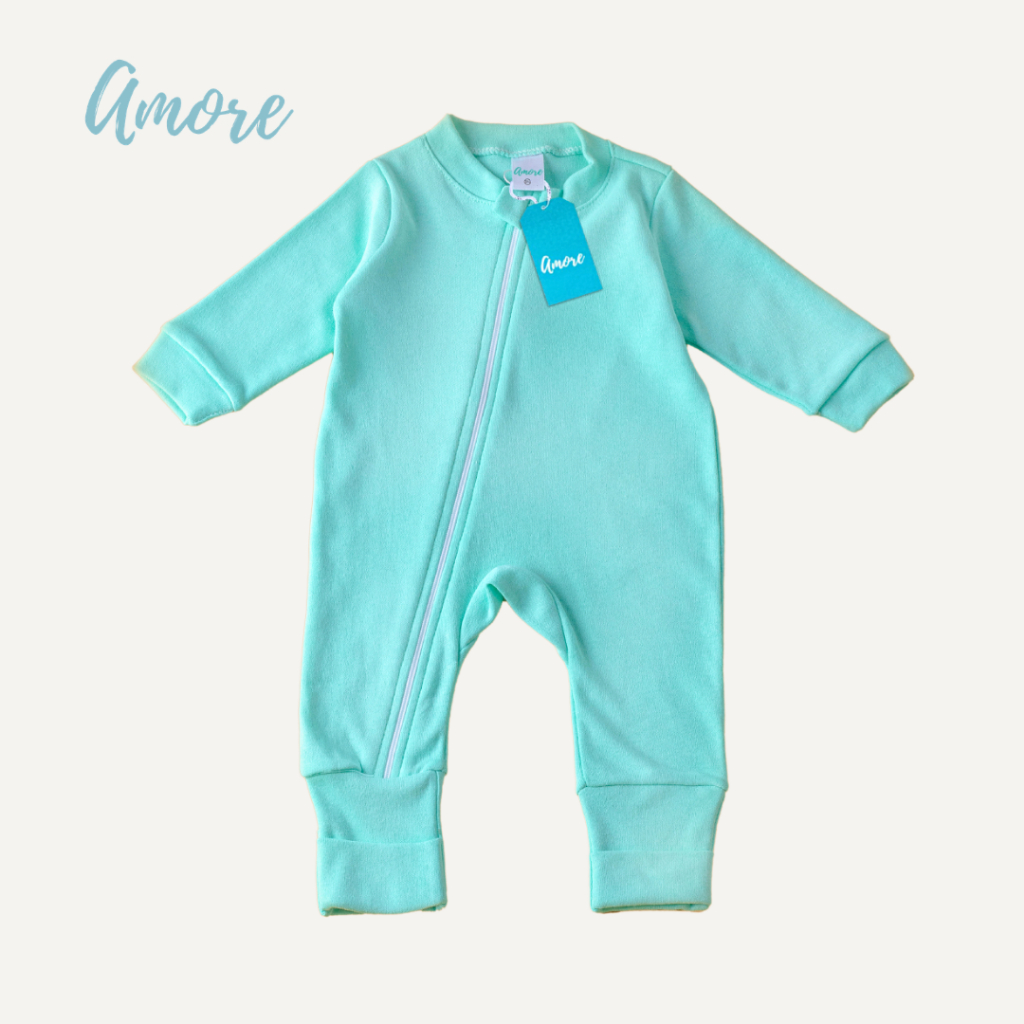 Macacão de Bebê Amore com Ziper Vira Pé Verde Água 100% Algodão