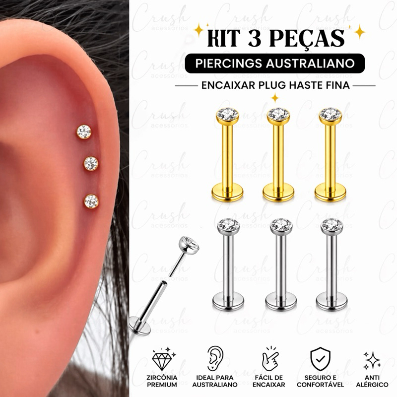 Kit 3 Piercings labret ponto de luz Australiano aço cirúrgico 316L haste Fina pin push helix/tragus