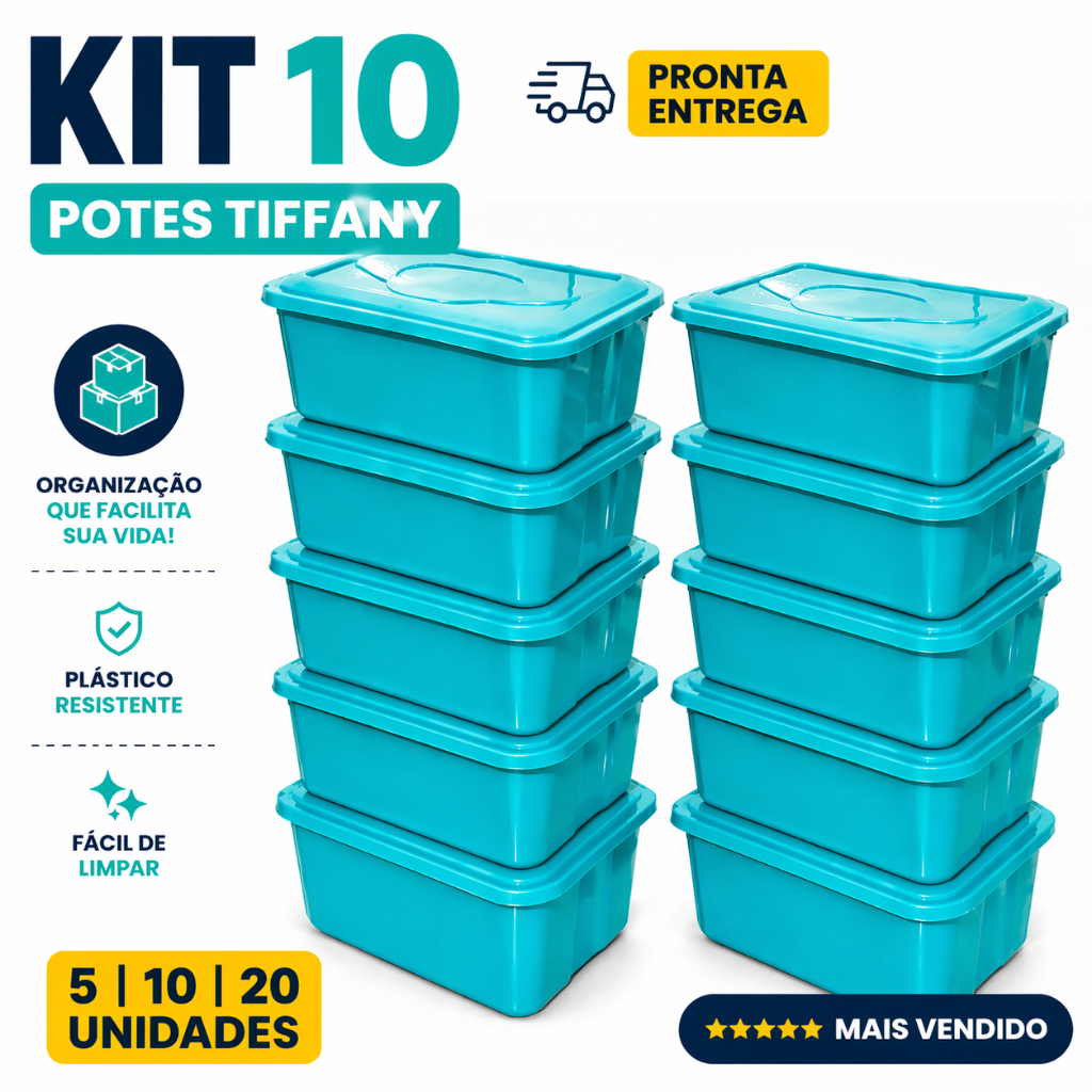 Kit 10 Potes 4 Litros Plástico Retangular Tampa Transparente Para Alimentos Mantimentos