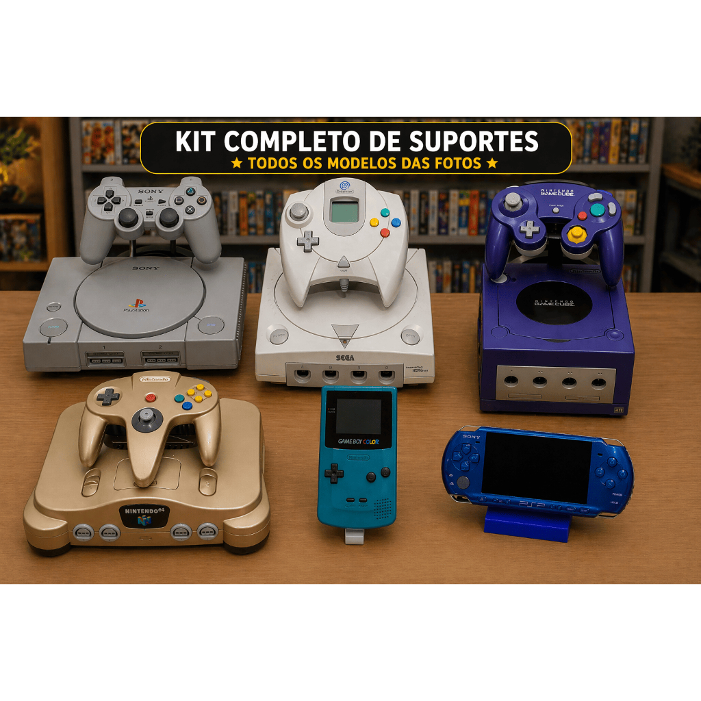 Kit Completo Suporte Porta Expositor Consoles Retrô PS1, GameCube, Dreamcast, Nintendo 64, Game Boy Color e PSP