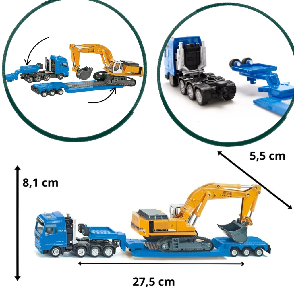 Miniatura Caminhão MAN com Prancha e Escavadeira Liebherr Siku 1/87 Original Metal Diecast Escala 1:87 Colecionável