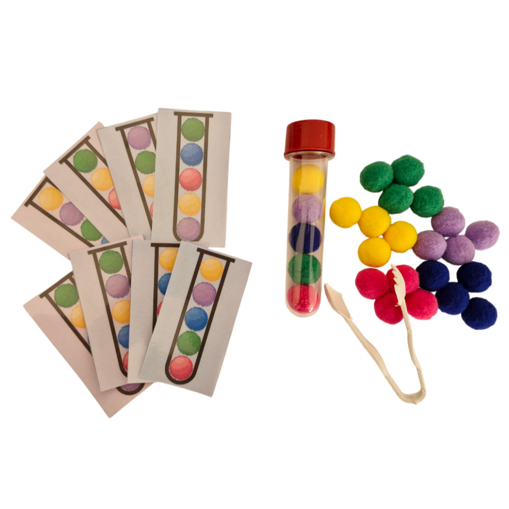 Jogo da Sequência Sensorial Pompom Tubete Cartas Pinça - Coordenação Foco Percepção Visual Infantil