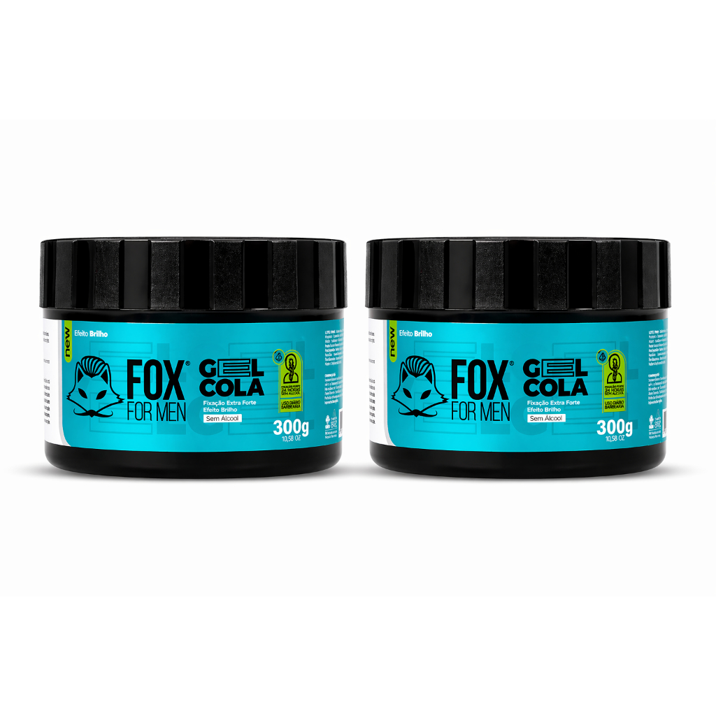 Kit com 2 Gel Cola Capilar Fox For Men 300g Cada Fixação Extra Forte Efeito Molhado e Longa Duração