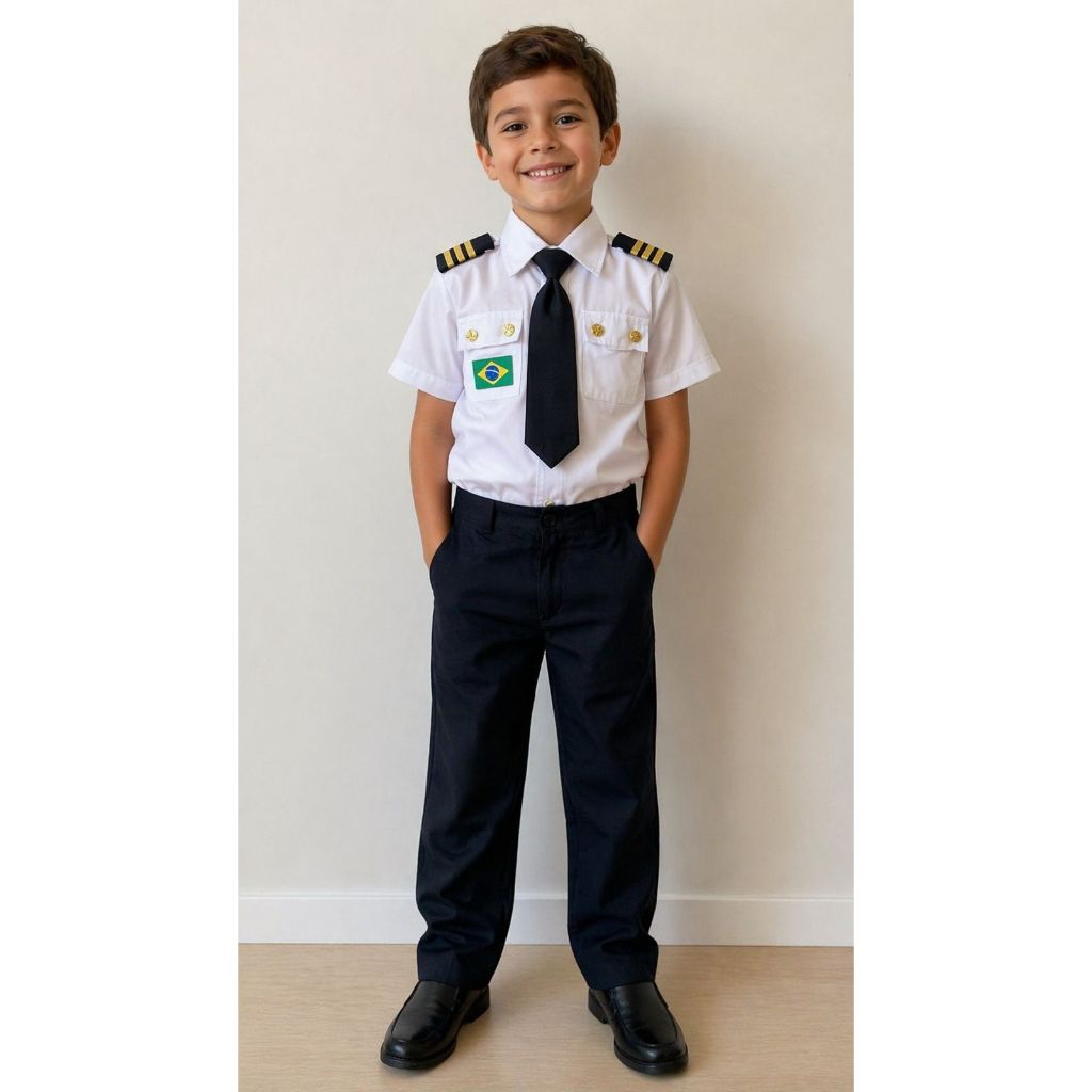 Conjunto Infantil Piloto de Avião Social Completo - Fantasia Luxo Aviador com Gravata e Calça-Priori Kids