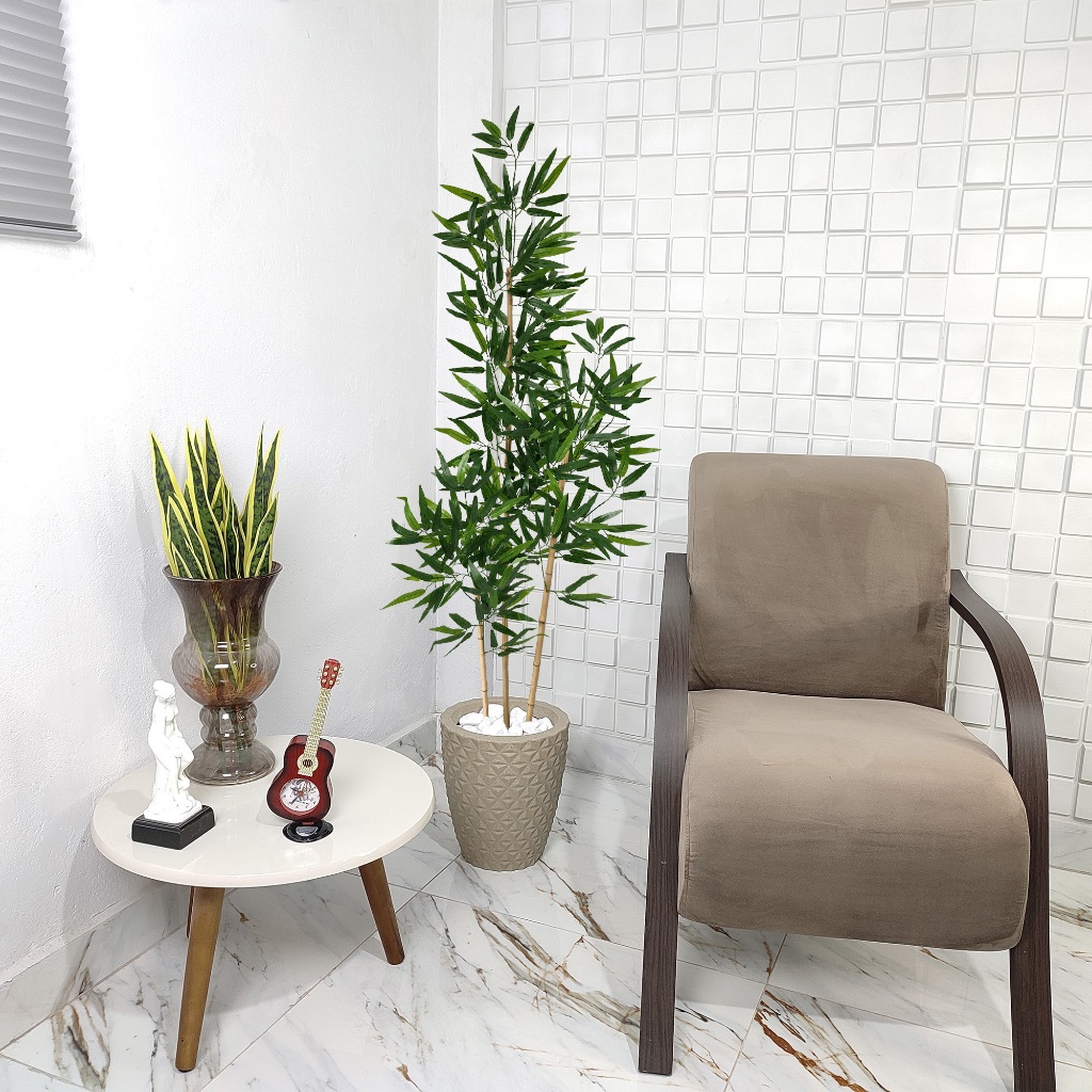 Arranjo Grande Bambu Artificial Mosso 150cm Pedra Vaso Cone Mármore