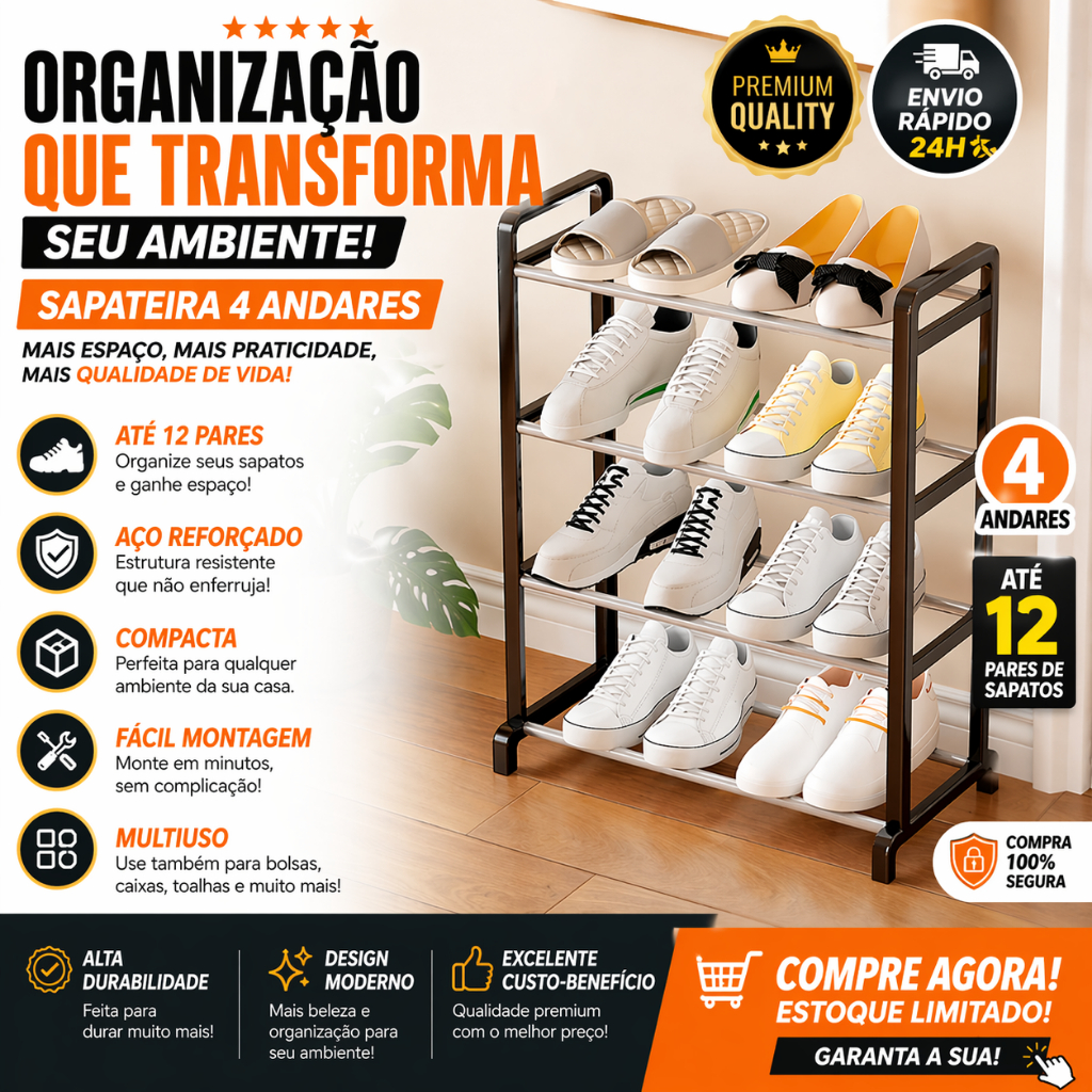Sapateira 4 Andares Organizador de Sapatos Multiuso Aço Reforçado Vertical Até 12 Pares Prateleira Compacta Luxo