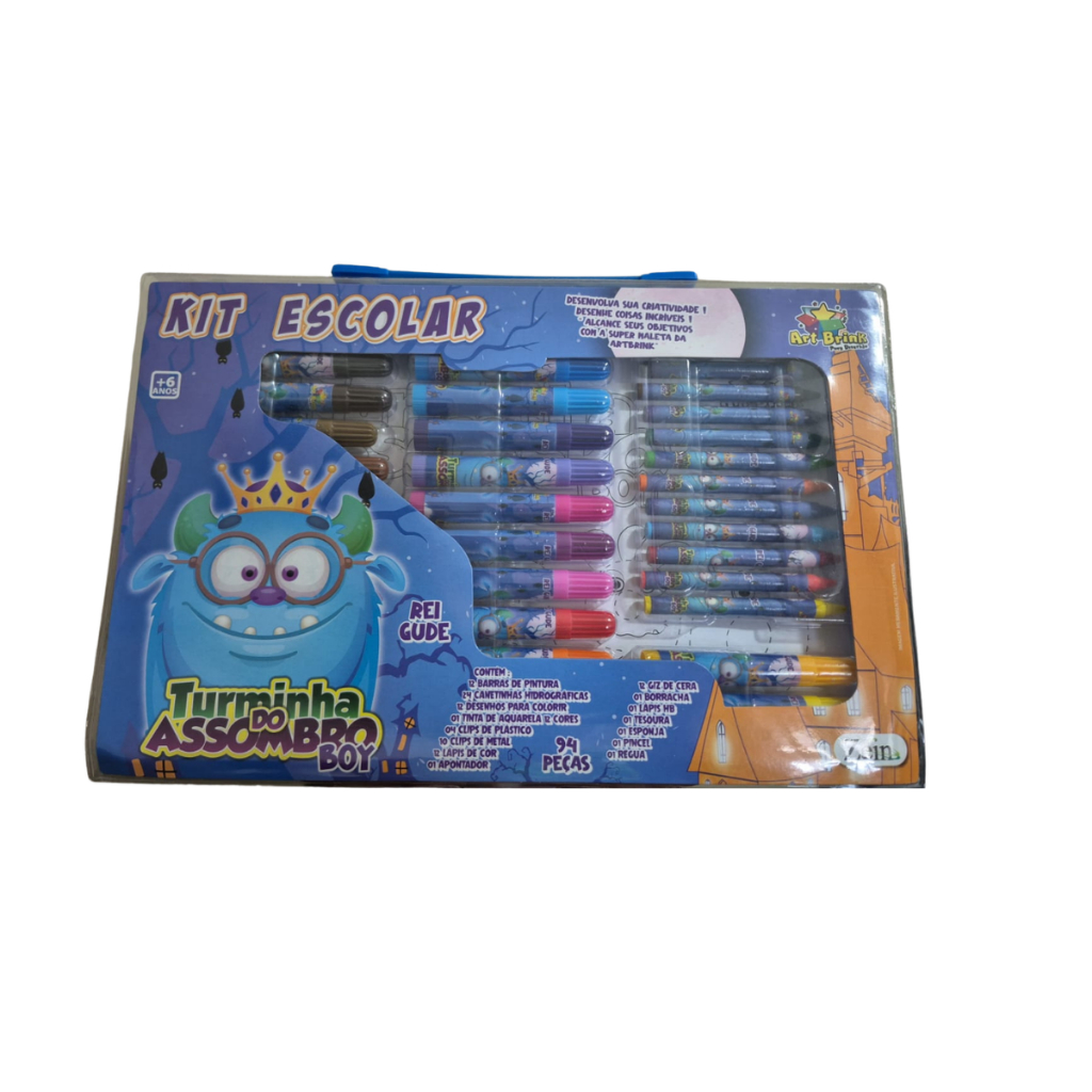 Kit Escolar 94 Pc Azul Material Completo Infantil Desenho Pintura Lapis Canetinhas Estojo Portatil