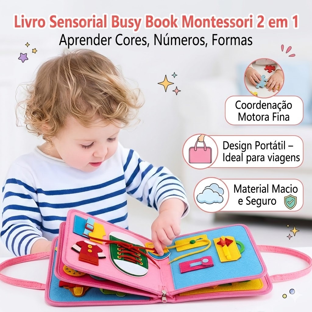 Livro Infantil Portátil Busy Book Montessori | Brinquedo Educativo Aprender Letras Números Cores