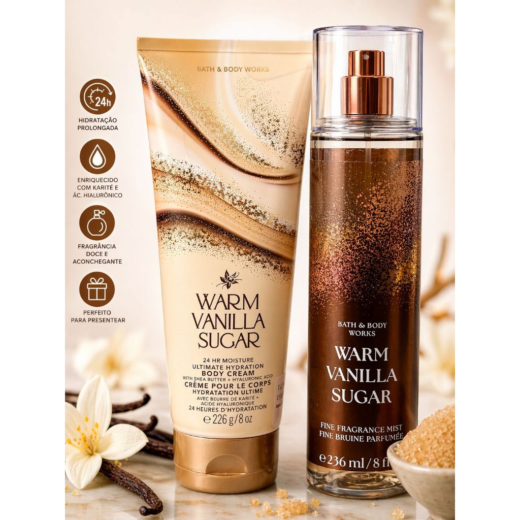 Kit Warm Vanilla Sugar Bath and Body Works - Body Splash e Creme 236ml