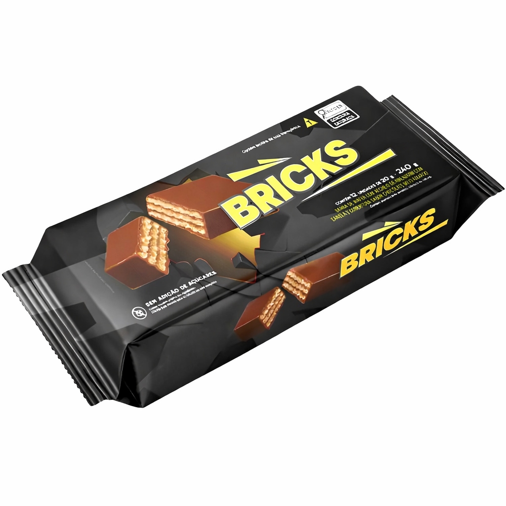 Wafer Bricks - 12 Unid x 20g - Amendoim com Canela e Chocolate - Snack Crocante com Sabor Marcante