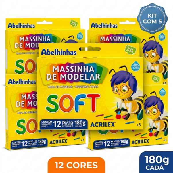 Kit 5 Massinha De Modelar Massa Soft Acrilex 12 Cores 180g Infantil Escolar Criança Original