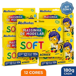 Kit 5 Caixas Massinha de Modelar Soft Acrilex 12 Cores 180g Cada Infantil Escolar Não Tóxica Base de Amido