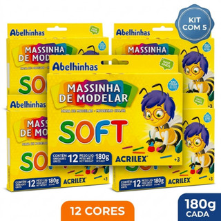Kit 5 Caixas Massinha de Modelar Soft Acrilex 12 Cores 180g Cada Infantil Escolar Não Tóxica Base de Amido