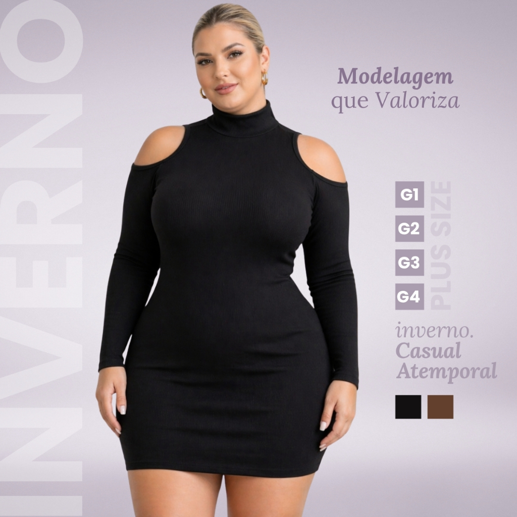 Vestido Plus Size Ombro Vazado Gola Alta Justo Elegante Moda Feminina Casual Festa Sexy Confortável