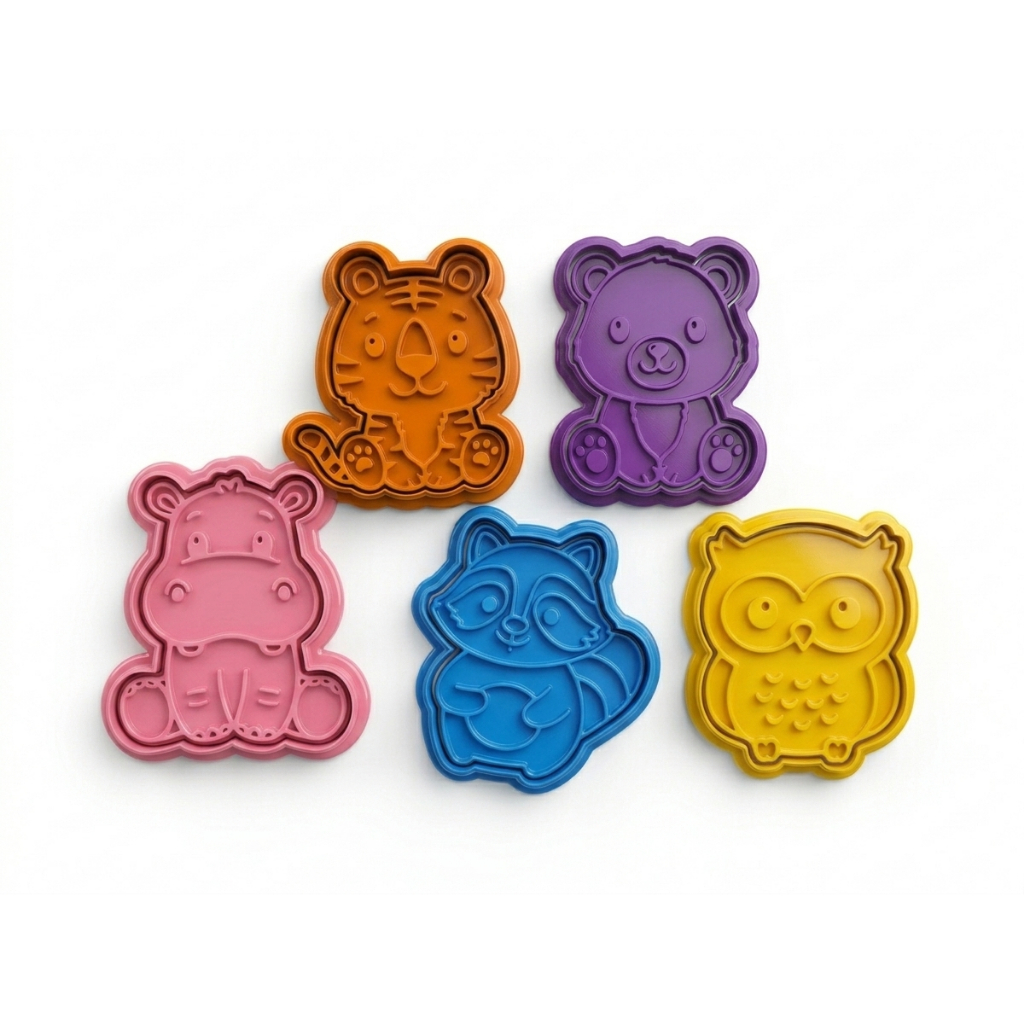 Kit 5 Cortadores de Biscoito Animais Fofos Sortidos - Tigre, Urso, Hipopótamo, Guaxinim e Coruja