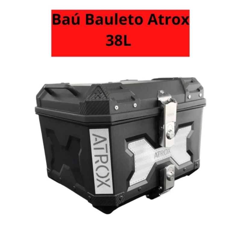Baú Moto 38 Litros Preto Atrox Titan 160 Fan XRE 300 190 C/ Kit Fixação Base Universal Moto Motociclista Caixa Reforcada