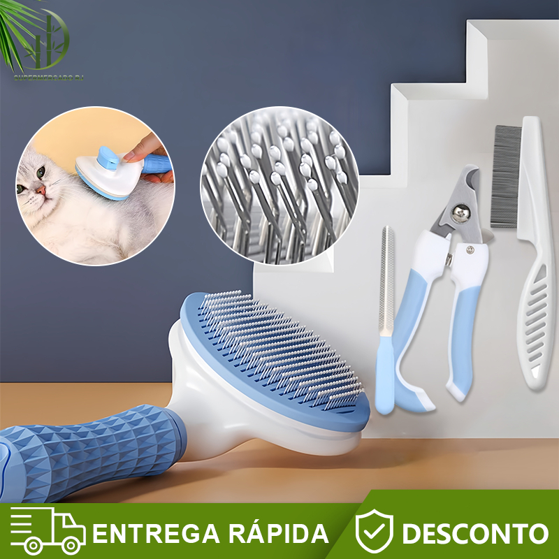 Conjunto de 4 peças para Pets-Escova Removedora de Pelos + Pente de Pulgas + Cortador de Unhas + Lixa