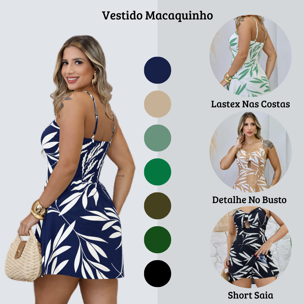 Vestido Macaquinho Com Laxtes Nas Costas e Alças Regulaveis Com Detalhe no Busto Estampado